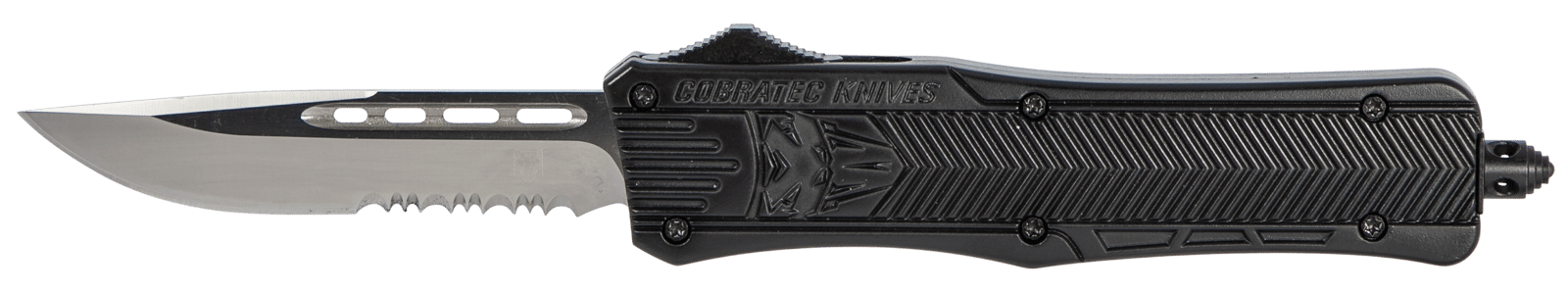 CobraTec Knives MBCTK1MDS CTK-1 Medium 3" OTF Drop Point Part Serrated D2 Steel Blade/Black Aluminum Handle Features Glass Breaker Includes Pocket Clip