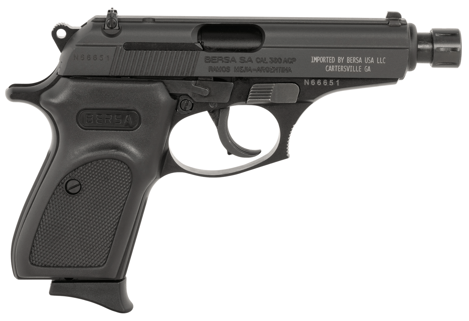 Bersa T380M8X Thunder Micro-Compact Frame 380 ACP 8+1 3.50" Black Steel Threaded Barrel, Matte Black Steel Serrated Slide, Matte Black Aluminum Frame, Black Rubber Grip, Right Hand