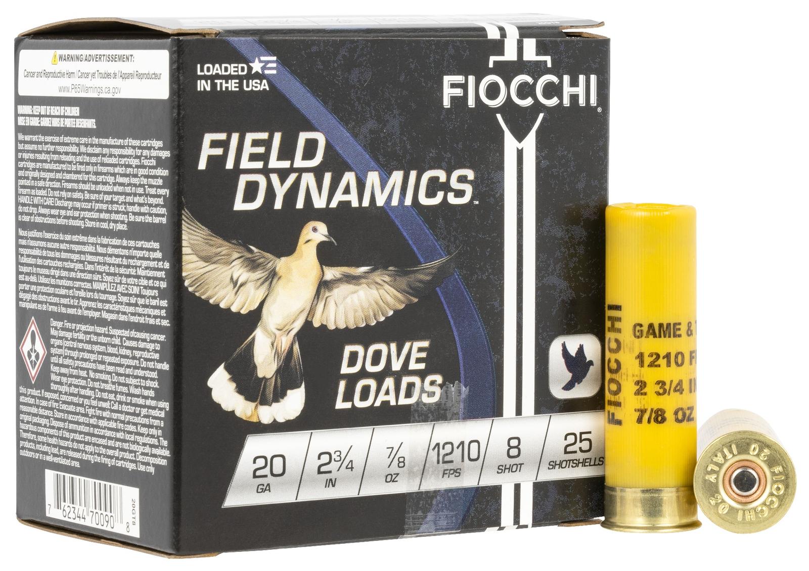 Fiocchi 20GT8 Field Dynamics Dove & Quail 20Gauge 2.75" 7/8oz 8Shot 25 Per Box/10 Case