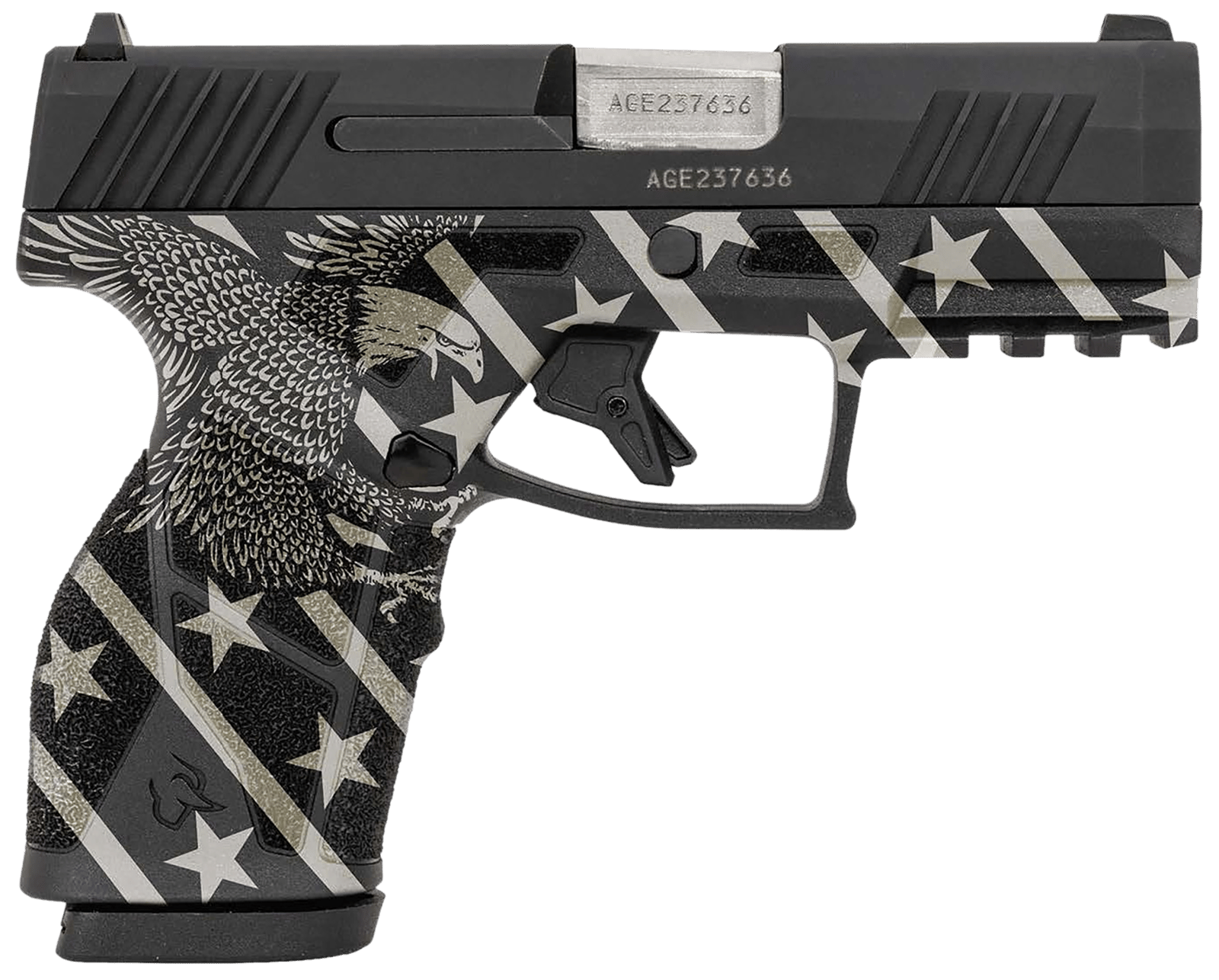 Taurus 1-GX2931-10EN1 GX2 Compact Frame 9mm Luger 10+1 3.38" Stainless Steel Barrel, Matte Black Serrated Alloy Steel Slide, Black w/Eagle, Stars & Stripes Polymer Frame w/Accessory Rail