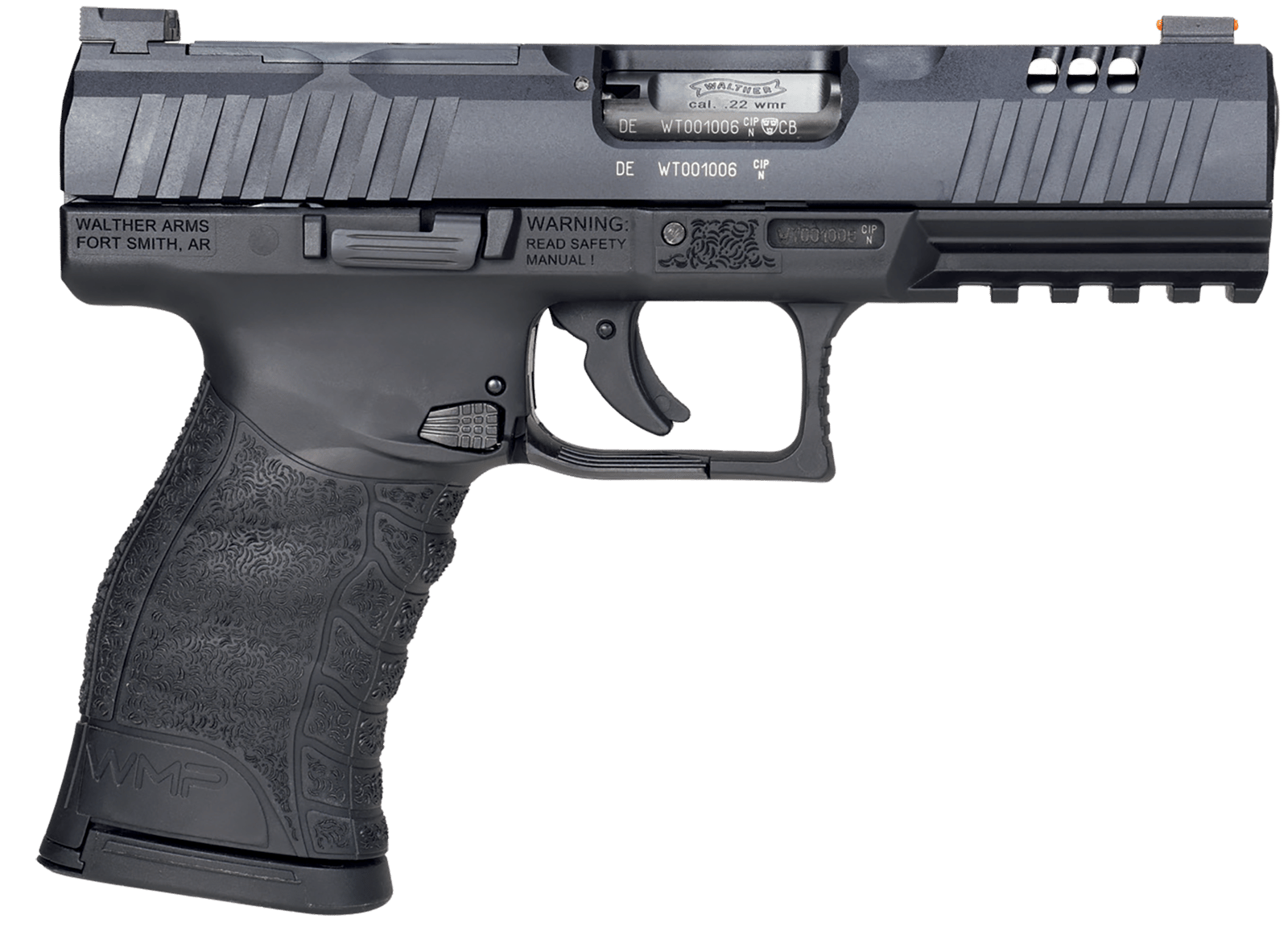 Walther Arms 5220302 WMP Optic Ready 22 WMR 10+1 4.50" Stainless Steel Barrel, Black Optic Ready/Serrated Slide, Black Polymer Frame w/Picatinny Rail, Black Polymer Grip, Right Hand