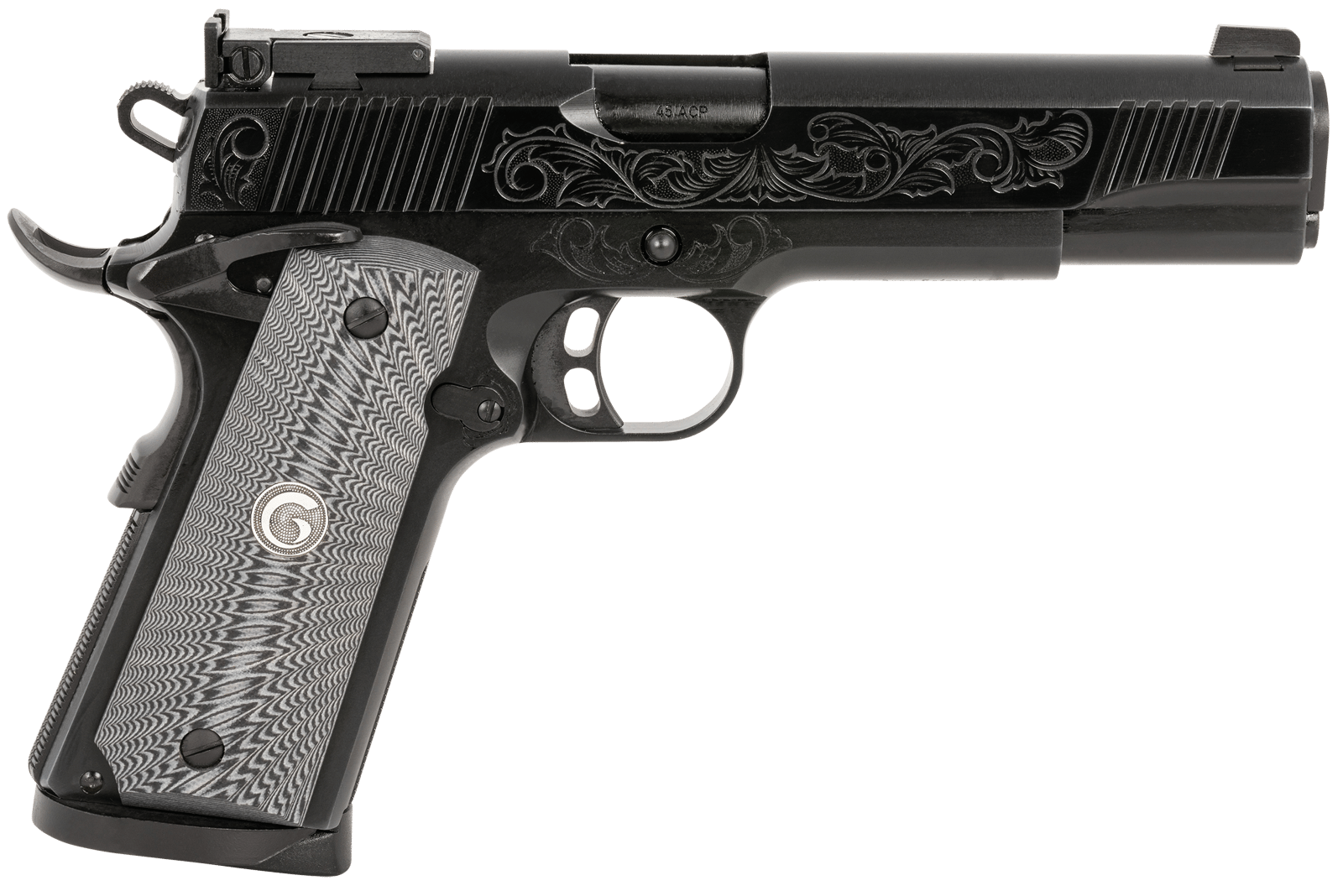 EAA GIRSAN 390098 MC1911 S Lux Full Size 45 ACP 8+,1 5" Black Steel Barrel, Black Chrome w/Engraving Serrated Slide, Black Chrome Engraved Steel Frame w/Beavertail, G10 Grips Ambidextrous