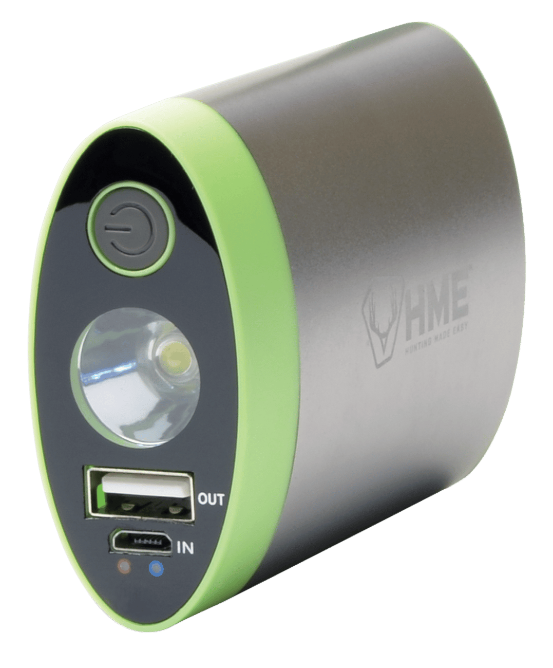 HME HW Hand Warmer with Light ABS Plastic Sliver w/Green Accent Rechargeable Lithium Ion