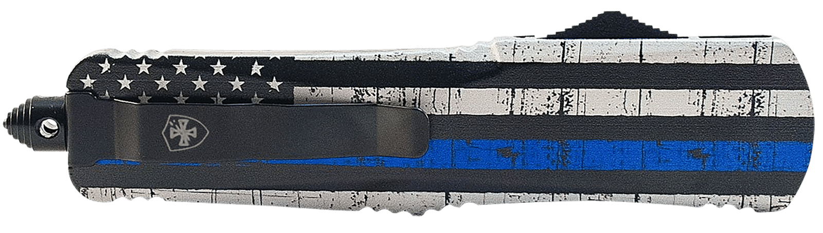 Templar Knife MBTB131 Gen II Back The Blue Slim 3.43" OTF Dagger Plain Black Oxide Stonewashed 440C SS Blade, 5.05" Black & White w/Blue Line Aluminum Handle, Glass Breaker