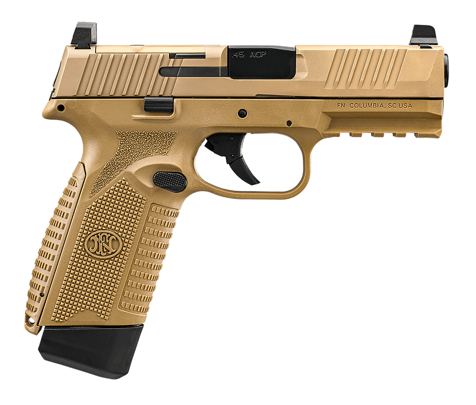 FN 66101388 545 MRD Full Size 45 ACP 15+1, 4.10" Black Target Crown Steel Barrel, Flat Dark Earth PVD Optic Cut/Serrated Steel Slide & Polymer Frame w/Picatinny Rail, Ambidextrous