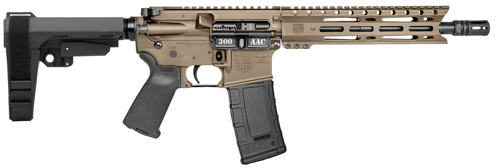 Diamondback DB1916B061 DB15 300 AAC 30+1 10" Flat Dark Earth Cerakote Heavy Barrel 9" M-LOK Handguard 7075-T6 Aluminum SBA3 Brace Magpul MOE Grip