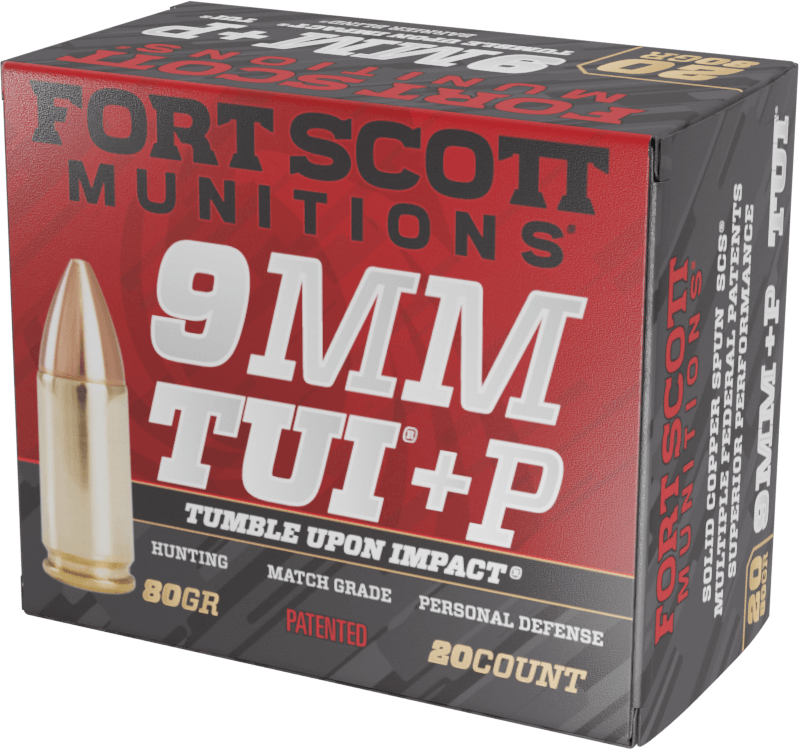 Fort Scott Munitions 9MM+P-080-SCV Tumble Upon Impact (TUI) 9mm+P 80gr Solid Copper Spun 20 Per Box/25 Case
