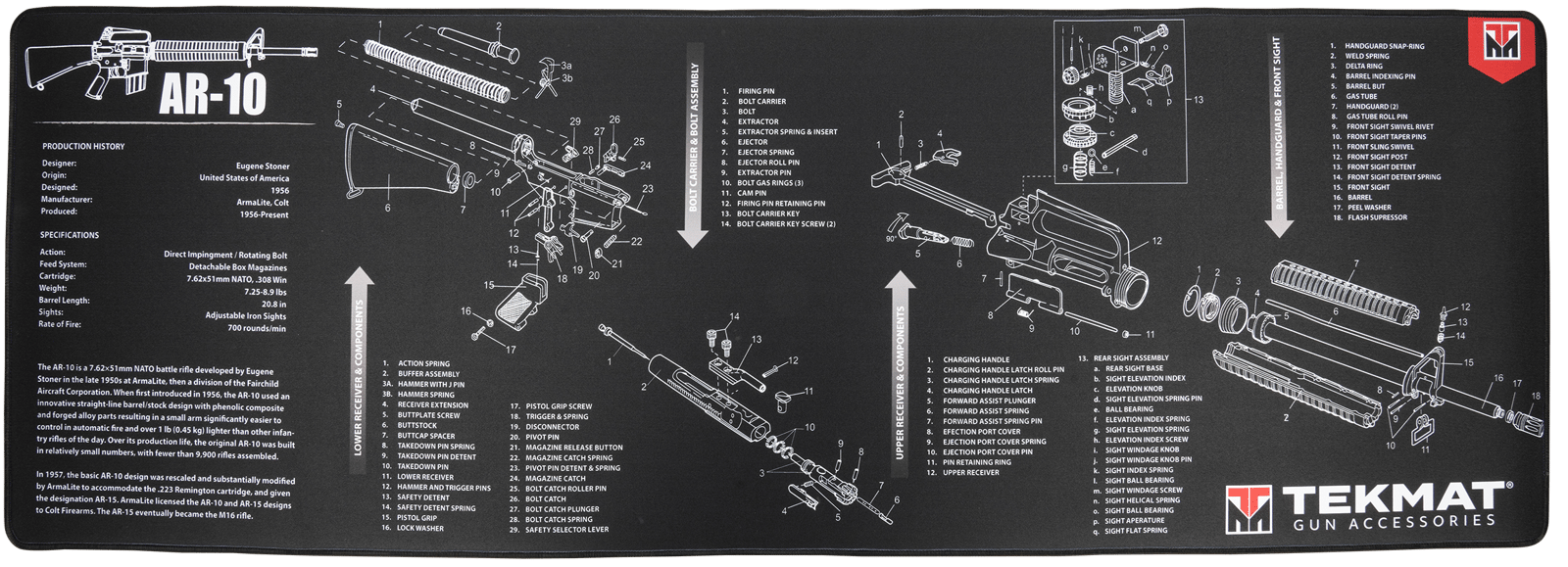 TekMat TEKR44AR10 AR-10 Cleaning Mat Black/White Rubber 15"x44" AR-10 Parts Diagram
