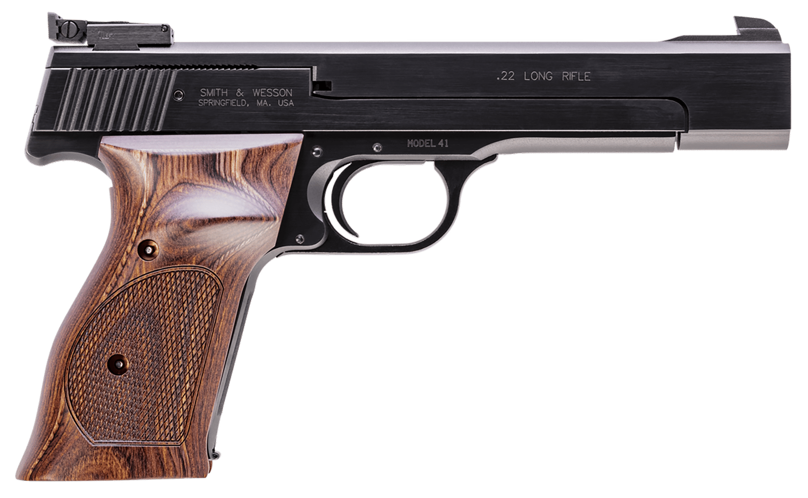 Smith & Wesson 130511 41 Full Size Frame 22 LR 10+1, 5.50" Blued Button Rifled Steel Barrel, Serrated Slide & Frame, Checkered Wood Target Grip