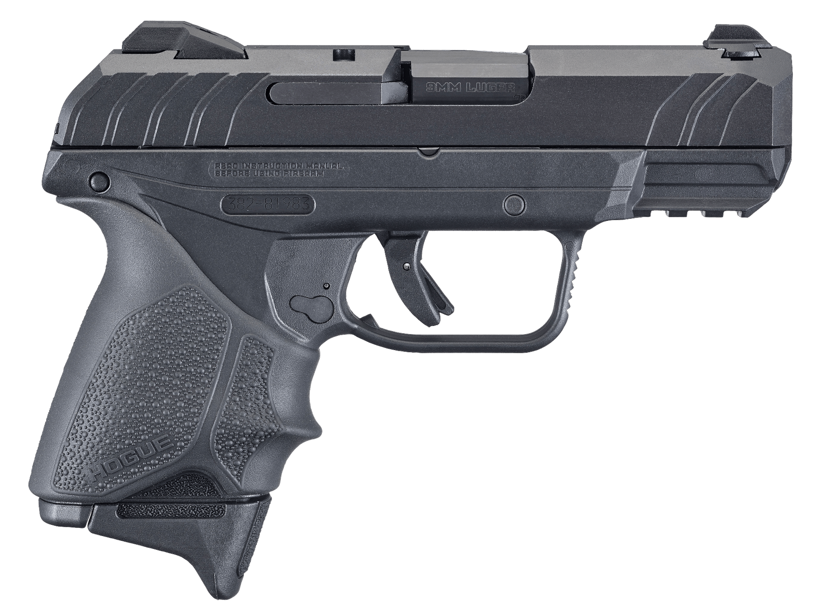 Ruger 3829 Security-9 Compact 9mm Luger 3.42" Barrel 10+1, Black Nylon Grip Frame With Picatinny Acc. Rail, Black Oxide Steel Slide, Hogue Beavertail HandALL Grip Sleeve, Manual Safety