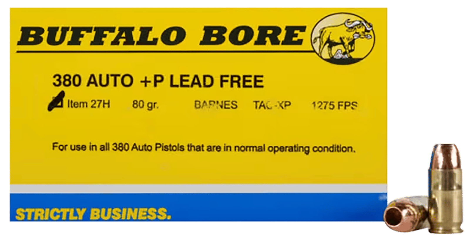 Buffalo Bore Ammunition 27H20 Buffalo-Barnes Strictly Business 380ACP +P 80gr Barnes TAC-XP Lead Free 20 Per Box/12 Case