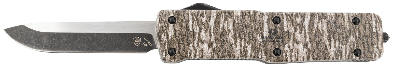 Templar Knife LZMOB321 Premium Weighted Large 3.55" OTF Drop Point Plain Black Oxide Stonewashed D2 Steel Blade, 5.25" Mossy Oak Bottomland Aluminum Zinc Alloy Handle