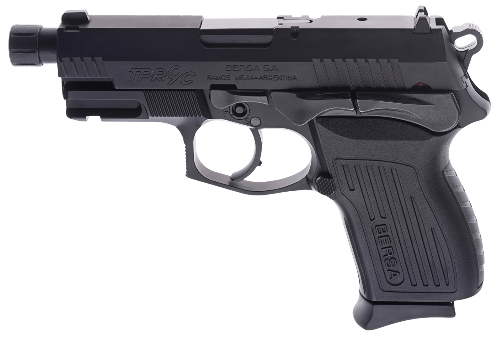 Bersa TPR9CMX TPRCX Compact Frame 9mm Luger 13+1, 4.10" Black Steel Threaded Barrel, Matte Black Serrated Steel Slide & Aluminum Frame w/Beavertail, Ambidextrous