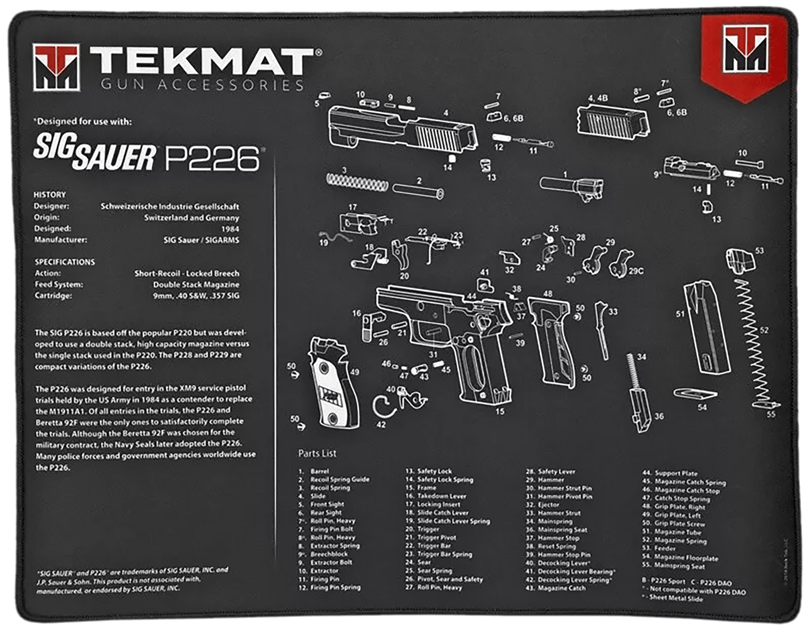TekMat TEKR20SIGP226 Sig Sauer P226 Ultra 20 Cleaning Mat Black/White Rubber 15"x20" Sig Sauer P226 Parts Diagram