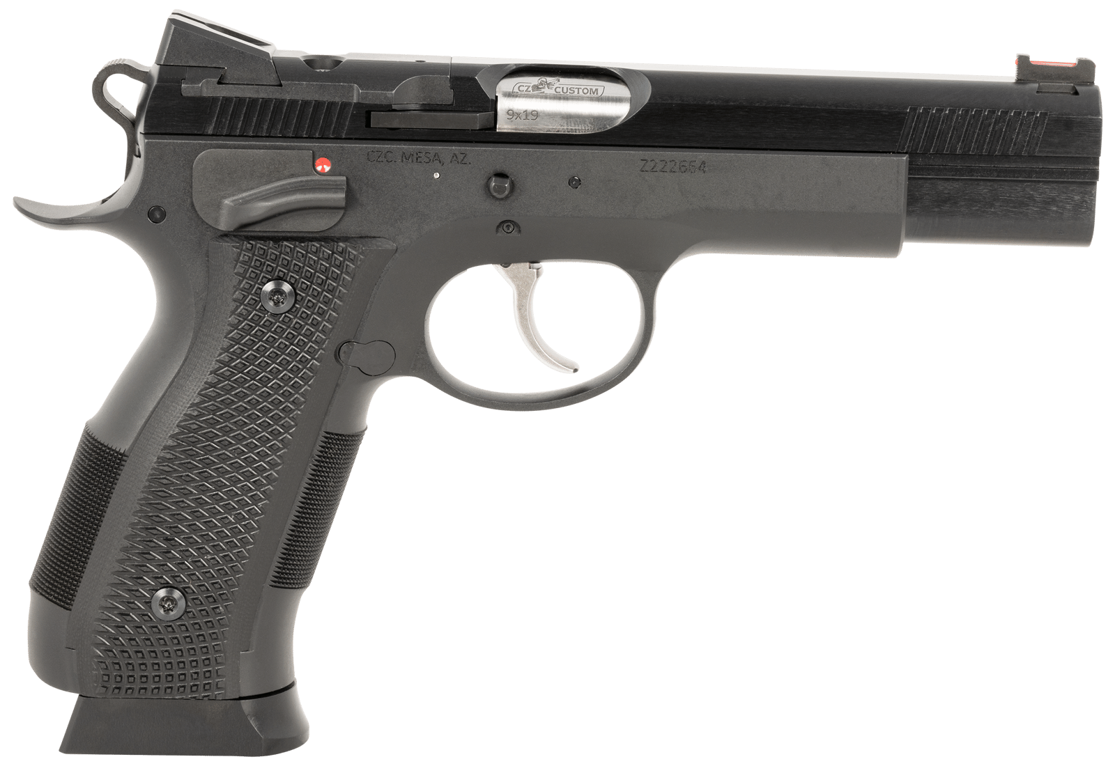 CZ-USA 91732 A01-SD 9mm Luger 19+1 4.93" Blued Match Grade Bull Barrel, Blued Optic Ready/Serrated Steel Slide, Blued Steel Frame w/Beavertail, Black Checkered Polymer Grip