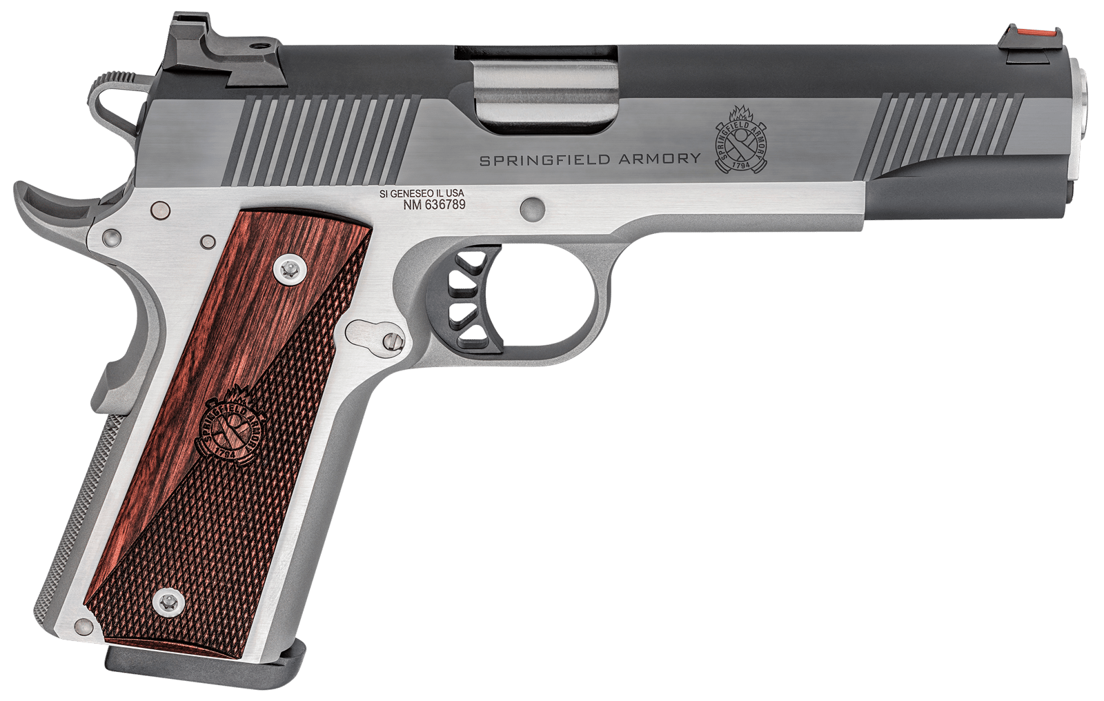 Springfield Armory PX9121L 1911 Ronin 10mm Auto 8+1, 5" Stainless Match Grade Steel Barrel, Blued Serrated Carbon Steel Slide, Stainless Steel Steel Frame w/Beavertail, Crossed Cannon Wood Grip