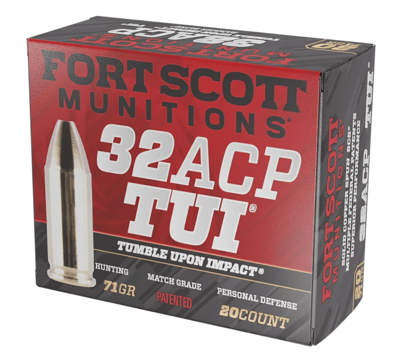 Fort Scott Munitions 32ACP71SCV Tumble Upon Impact (TUI) 32ACP 71gr Solid Copper Spun 20 Per Box/25 Case