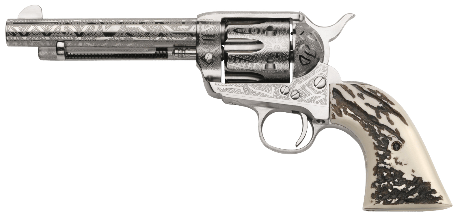 Taylors & Company 200063 1873 Cattle Brand 45 Colt (LC) Caliber with 5.50" Barrel, 6rd Capacity Cylinder, Overall Nickel-Plated Engraved Finish Steel & Imitation Stag Grip