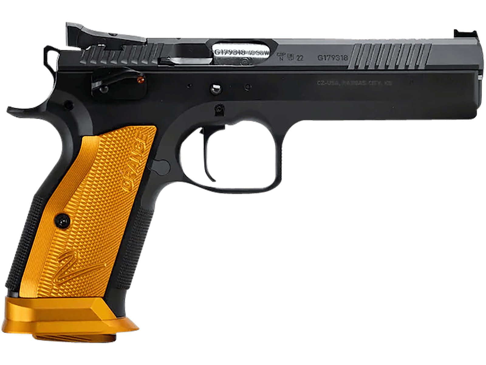 CZ-USA 91266 TS 2 9mm Luger 20+1 5.28" Stainless Bull Barrel, Black Serrated Steel Slide, Black Polycoat Steel Frame w/Beavertail, Orange Checkered Aluminum Grip