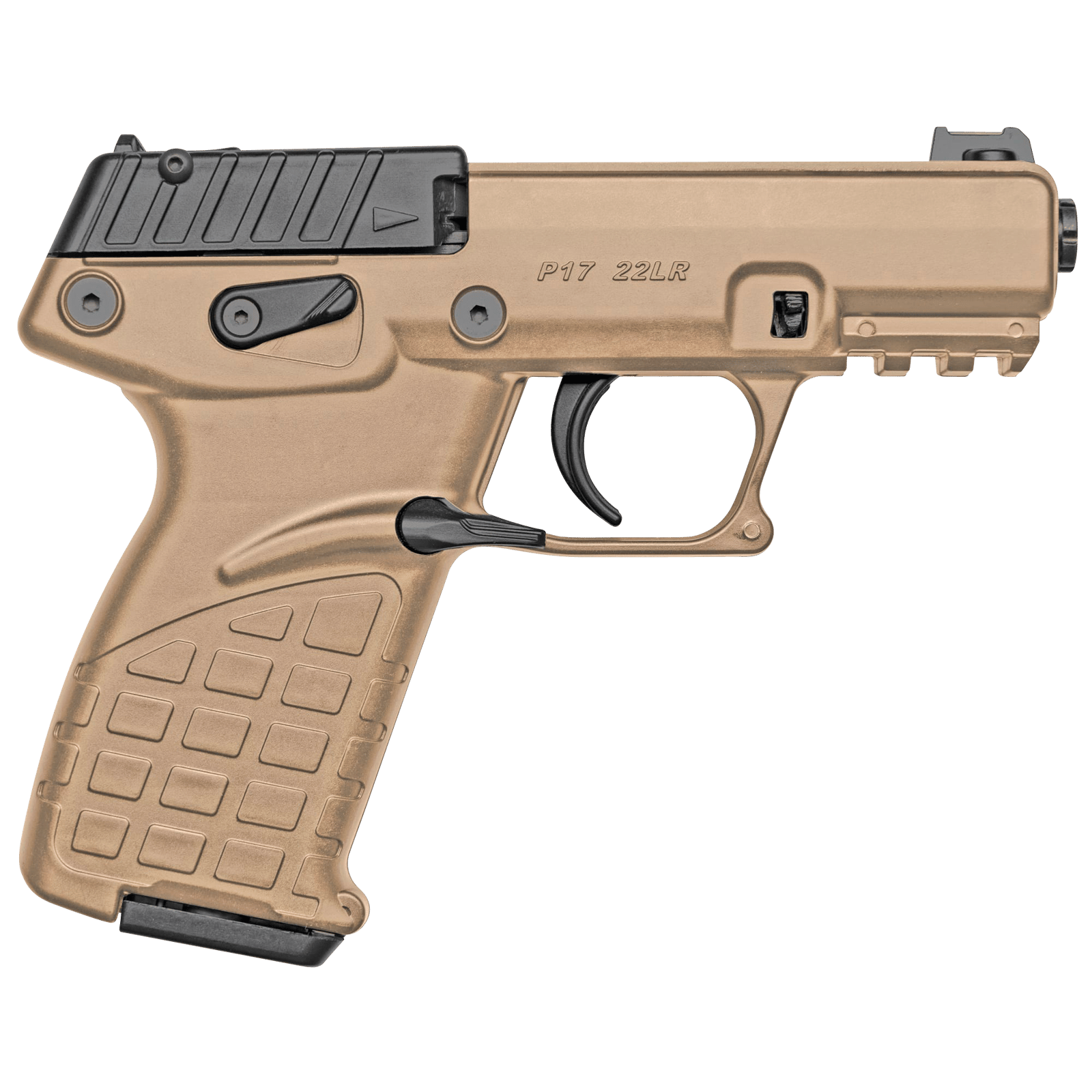 Kel-Tec P17BTAN P17 Compact Frame 22 LR 16+1 3.80" Black Steel Threaded Barrel, Tan Serrated Slide, Tan w/Black Controls Polymer Frame w/Picatinny Rail, Textured Grip, Ambidextrous