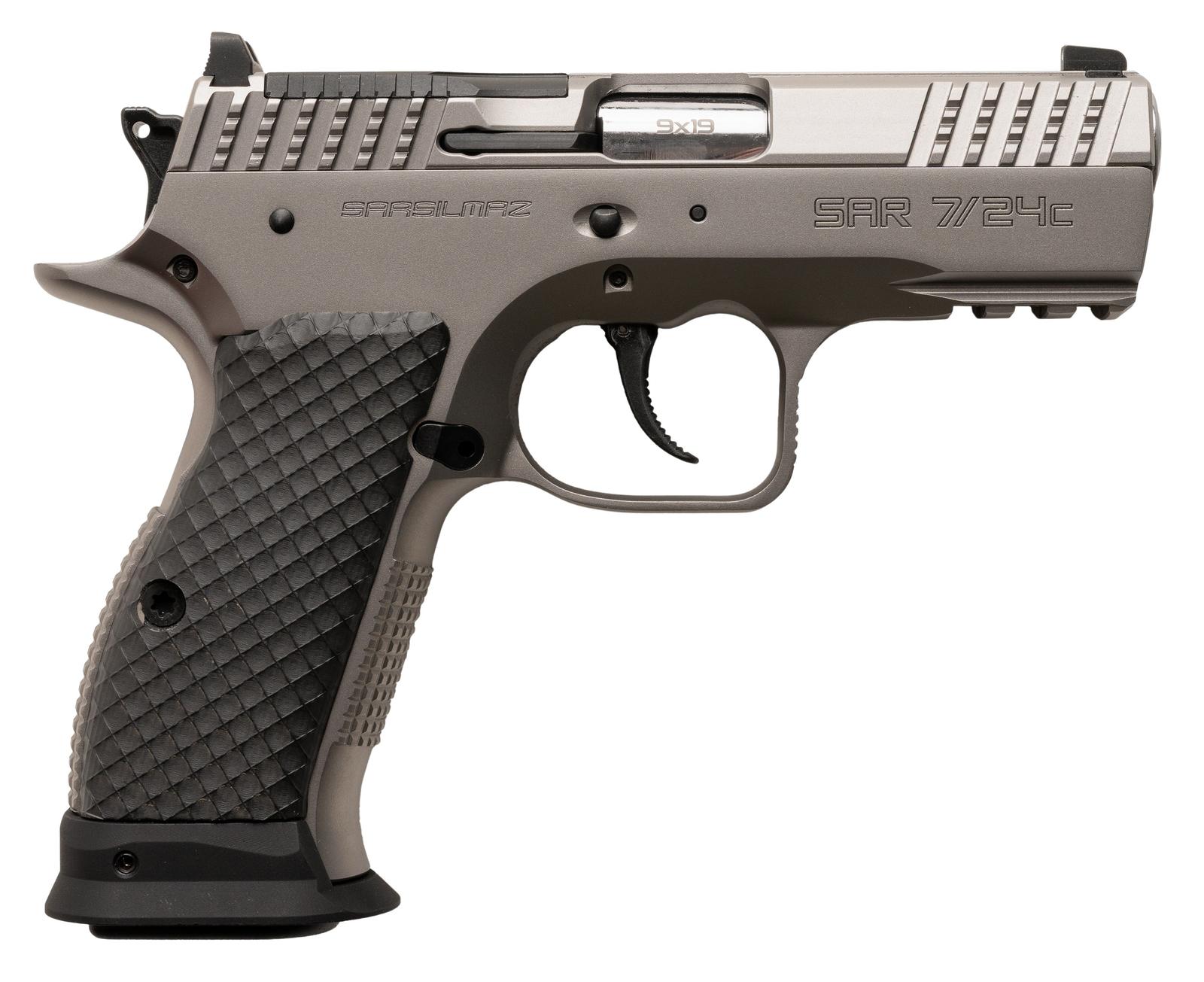 Sarsilmaz SAR7/24C 7/24 Compact 9mm Luger 17+1 Matte Stainless Steel Frame w/Beavertail & Picatinny Rail, Black Polymer Grip