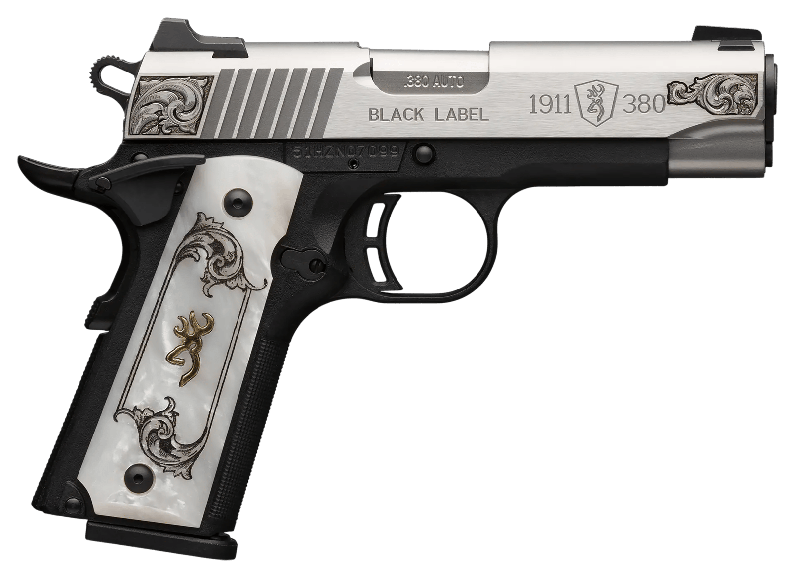 Browning 051967492 1911 Black Label Medallion Compact 380 ACP 8+1 3.63" Matte Stainless Stainless Steel Barrel & Serrated Slide, Matte Black Polymer Frame w/Beavertail, White Imitation Pearl Grip