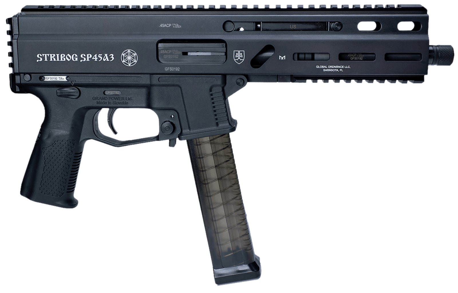 Grand Power 197892003506 SP45A3 Stribog 45 ACP 20+1 8" Black Threaded Barrel, Black Hardcoat Anodize Aluminum/Polymer Receiver w/Picatinny Rail, QD Sling Sockets, Black Polymer Grip, Ambidextrous