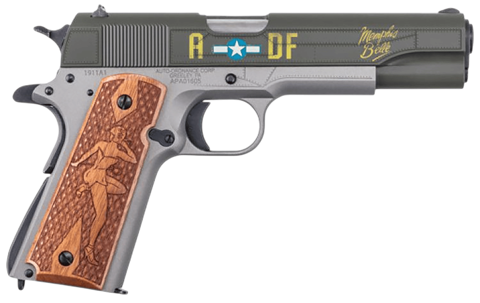 Auto-Ordnance 1911BKOC19 1911 Memphis Belle Full Size Frame 45 ACP 7+1 5" Stainless Steel Barrel, OD Green Cerakote Serrated Slide, Gray Cerakote Steel Frame w/Beavertail, Custom Engraved Wood Grip