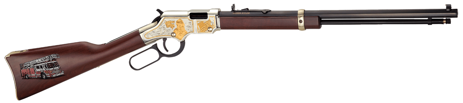 Henry H004FM Golden Boy Firefighter Tribute 22 Short, 22 Long or 22 LR Caliber with 16 LR/21 Short Capacity, 20" Blued Barrel, Nickel-Plated Metal Finish & American Walnut Stock Right Hand (Full Size)