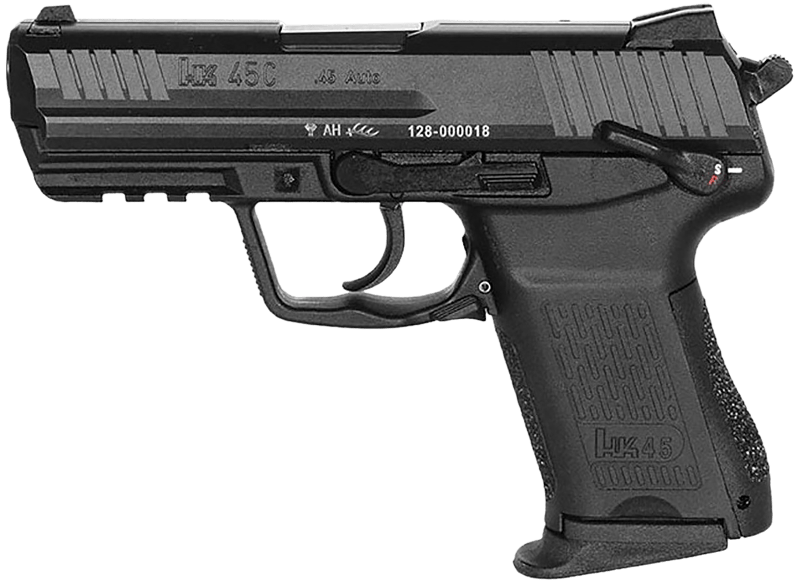 HK 81001111 HK45C V1 Compact Frame 45 ACP 8+1 3.94" Black Polygonal Rifled Barrel, Black Serrated Steel Slide, Black Polymer Frame w/Picatinny Rail, Black Interchangeable Backstrap Grip, Ambidextrous