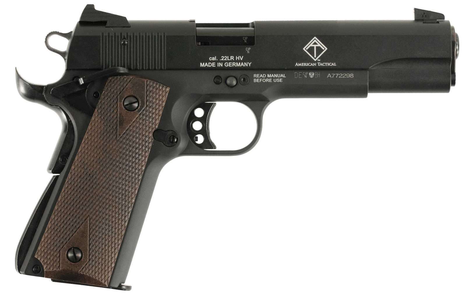 GSG GSG2210M1911 1911 22 LR 10+1 5" Threaded Barrel, Black Anodized Serrated Slide & Zinc Alloy w/Beavertail Frame, Double Diamond Walnut Grip