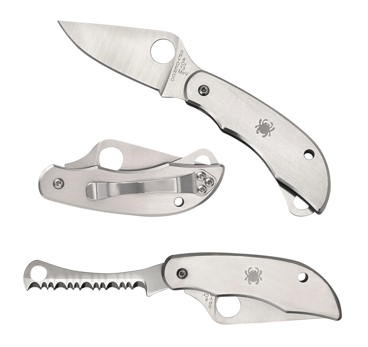 Spyderco C176P&S Clipitool Silver Stainless Steel Folding 8Cr13MoV SS 4.57"/4.59" Long Part Serrated Blade Stainless Steel Handle Features Screwdriver/Opener