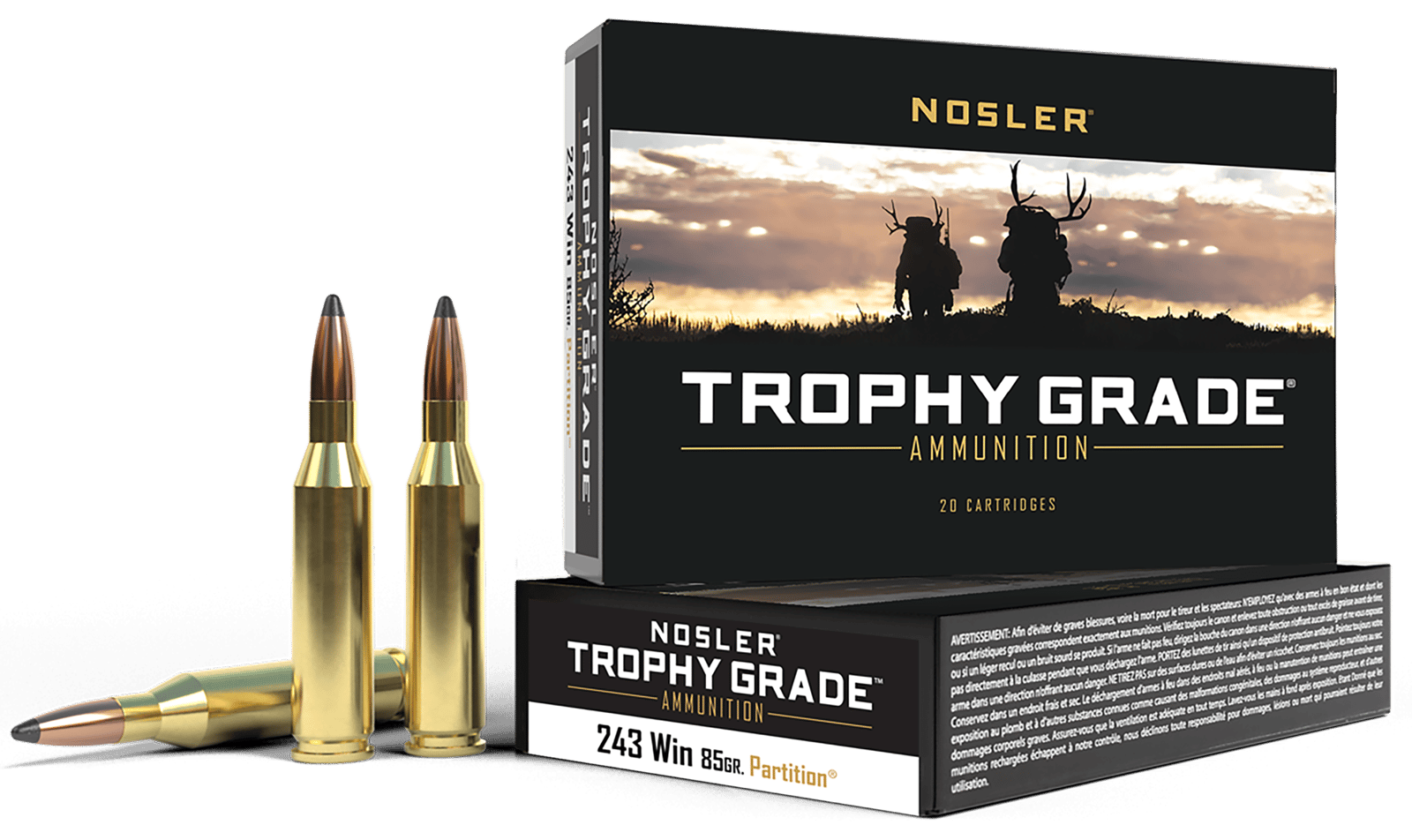 Nosler 60002 Trophy Grade 243Win 85gr Nosler Spitzer Partition 20 Per Box/10 Case