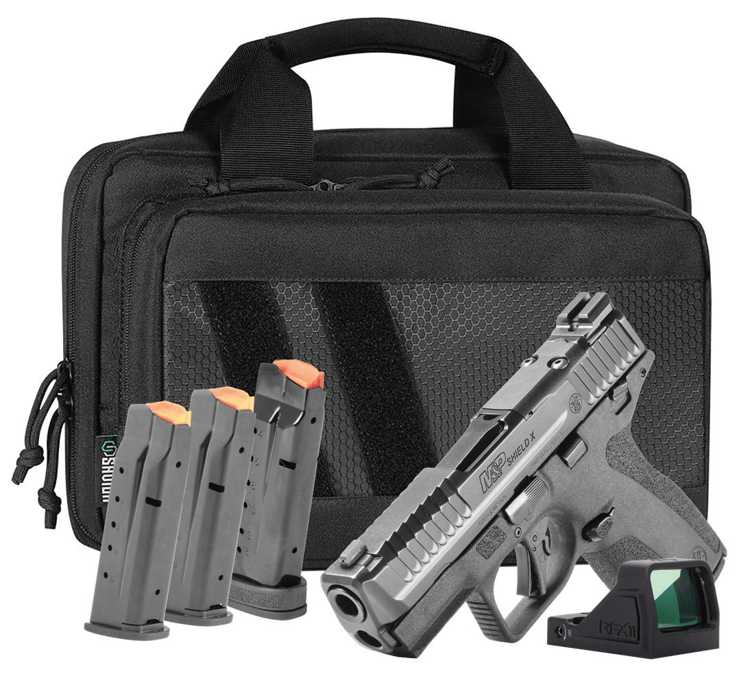Smith & Wesson 14955 M&P9 Shield X Bundle Sub-Compact 9mm Luger 15+1 3.60" Black Armornite Target Crown Barrel, Black Armornite Stainless Steel Serrated w/Optic Slide, Black Polymer Frame w/Picatinny