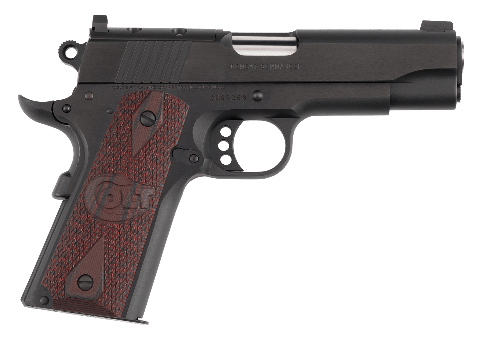 Colt Mfg O4940XE-OR Commander Combat 45 ACP 8+1 4.25" Stainless Barrel, Matte Black Carbon Steel Optic Ready/Serrated Slide, Matte Black Anodized Steel Frame w/Beavertail, Black Cherry G10 Grip, Ambid