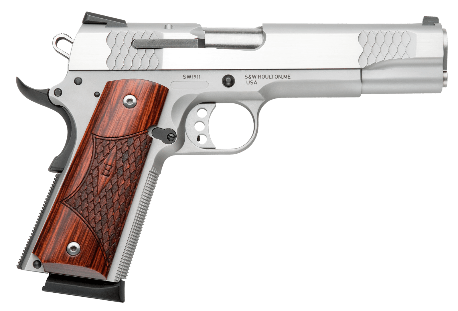 Smith & Wesson 108482 1911 E-Series Serrated Frame 45 ACP 8+1 5" Stainless Steel Barrel, Satin Stainless Serrated Slide & Frame w/Beavertail, Laminate Wood Grip