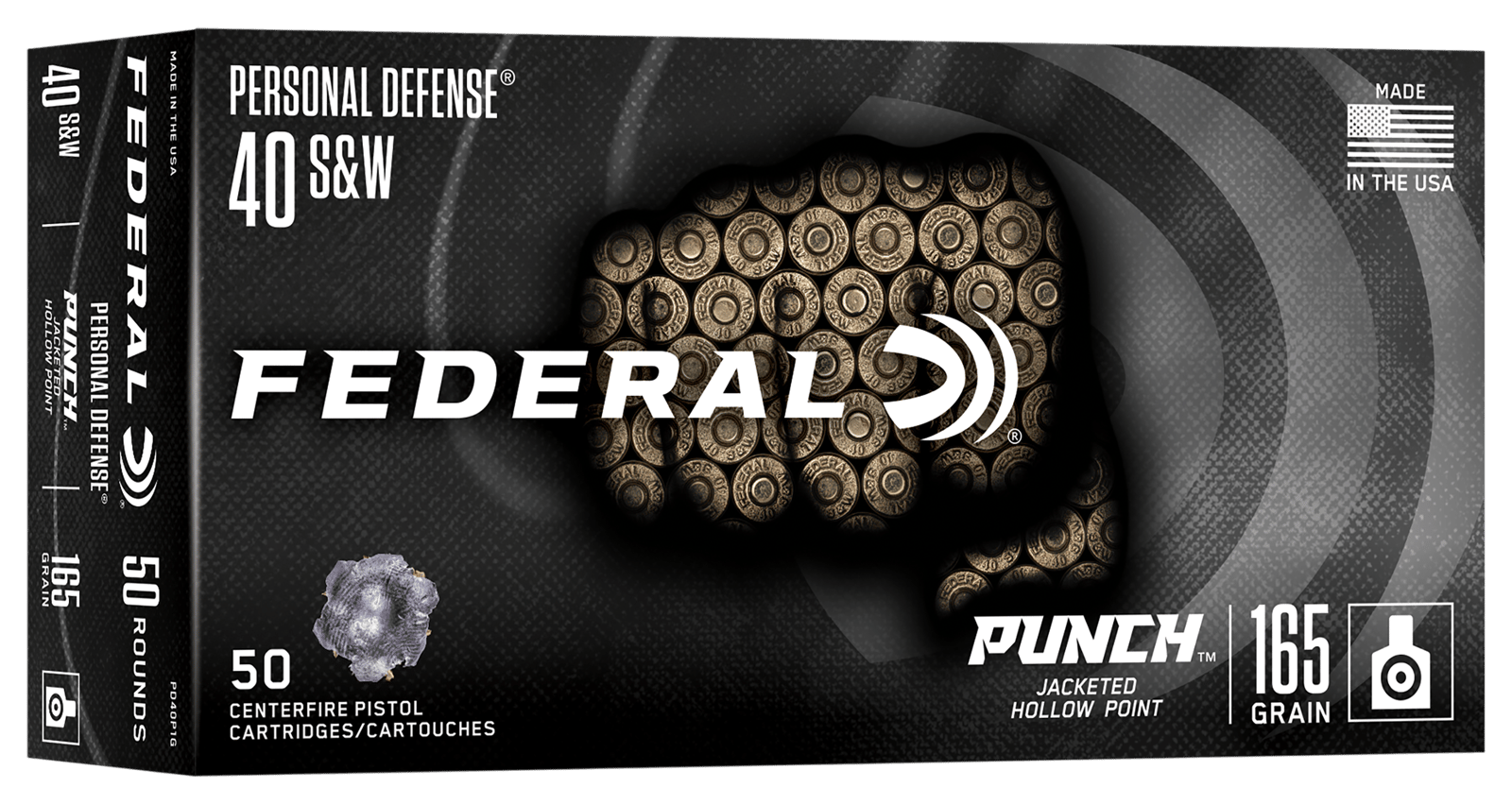 Federal PD40P1G Punch 40S&W 165gr Jacketed Hollow Point 50 Per Box/10 Case