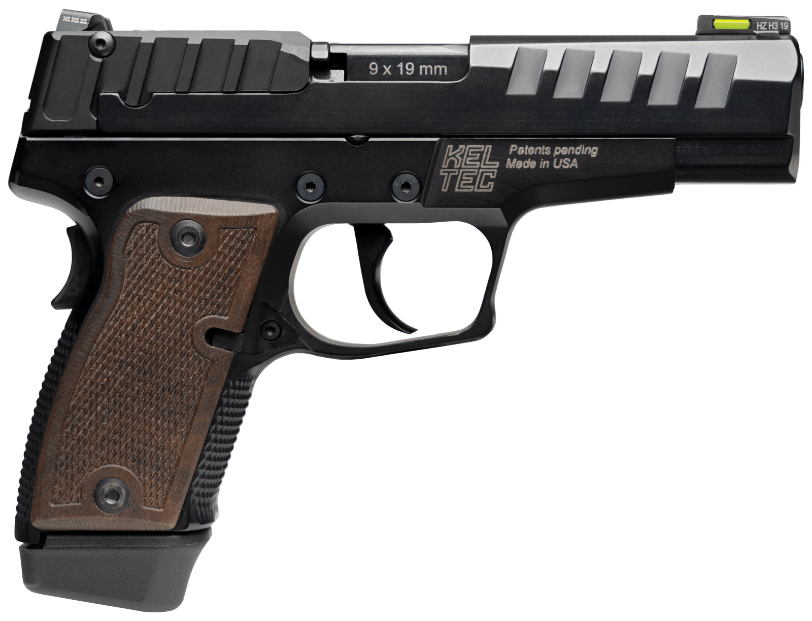 Kel-Tec P15MBLK P15 9mm Luger 15+1 4" Black Steel Barrel, Black Nitride Serrated Steel Slide, Black Anodized Aluminum Frame, American Walnut Grip, Ambidextrous