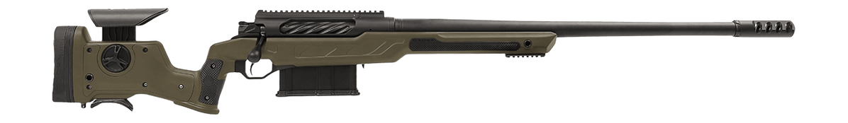 Cadex Inc CDXBMGQUA5029HI20I1J5N BMG Quake 50 BMG 3+1 29" Black DLC Match Grade Threaded Barrel, Black DLC Receiver w/Picatinny Rail, Adj Cheek Piece & LOP OD Green Polymer Stock