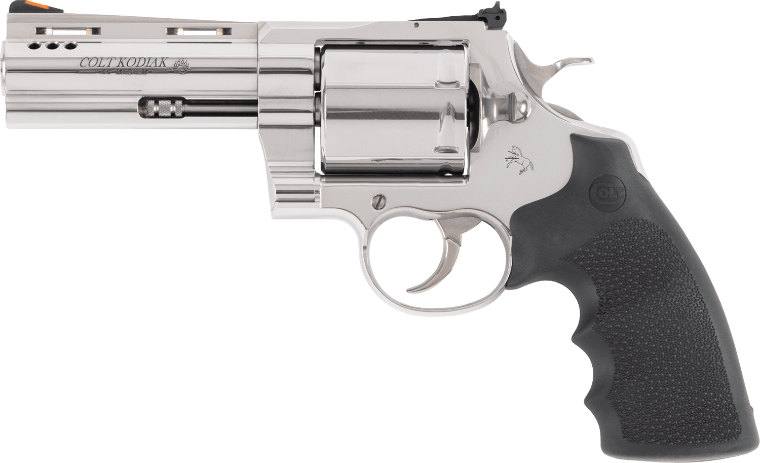 Colt Mfg KODIAKSP4RTS Kodiak 44 Mag 6rd 4.25" Polished Ported Vent Rib Barrel & Cylinder, Recessed Target Crown Muzzle, Polished Stainless Steel Frame, Black Hogue Overmolded Grip, Exposed Hammer