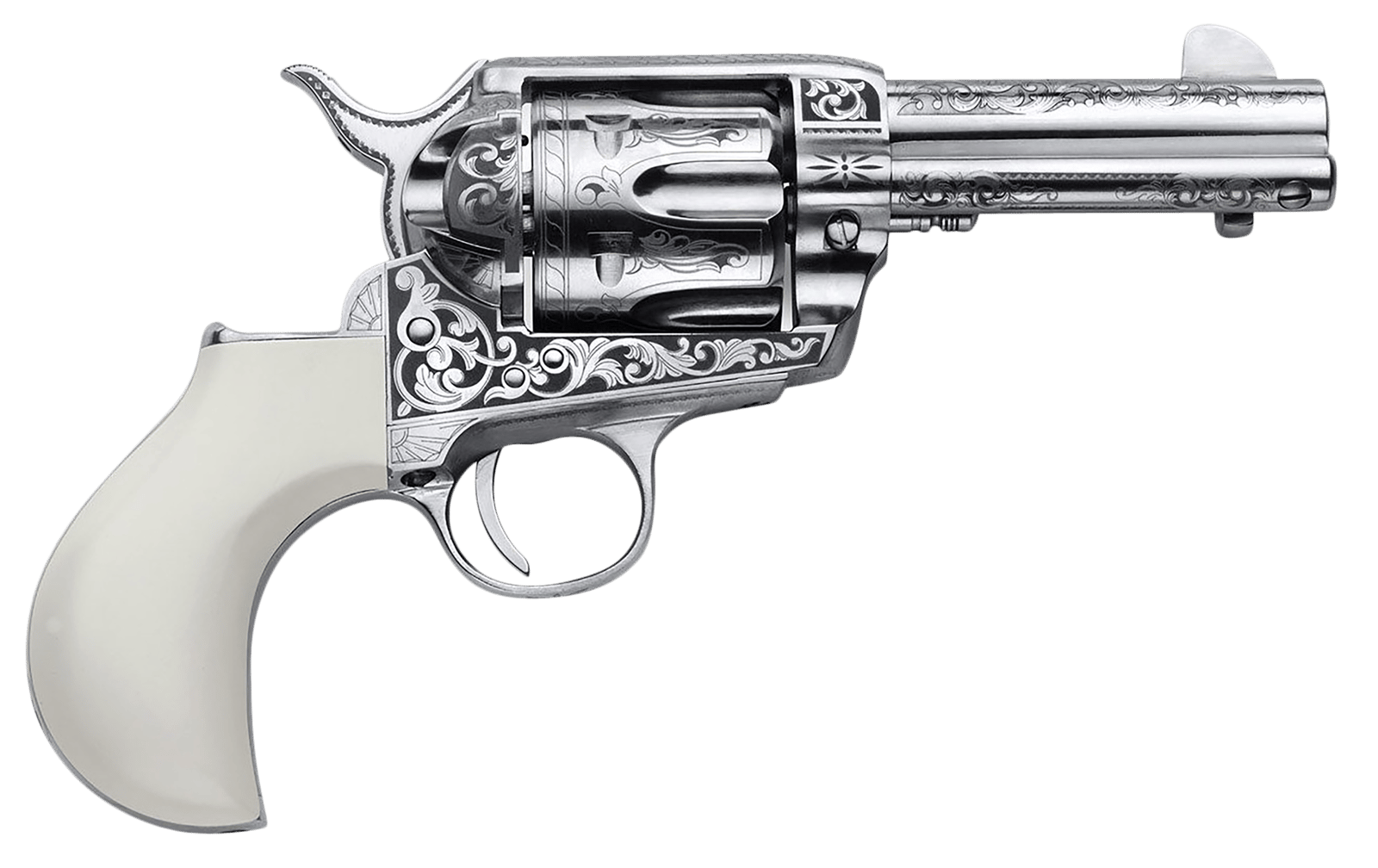 Cimarron PP346HUCKENG Huckleberry 45 Colt (LC) 6 Shot, 3.50" Nickel Engraved Barrel, Cylinder & Frame, Poly-Ivory w/"Huckleberry" Engraved On The Backstrap Grip