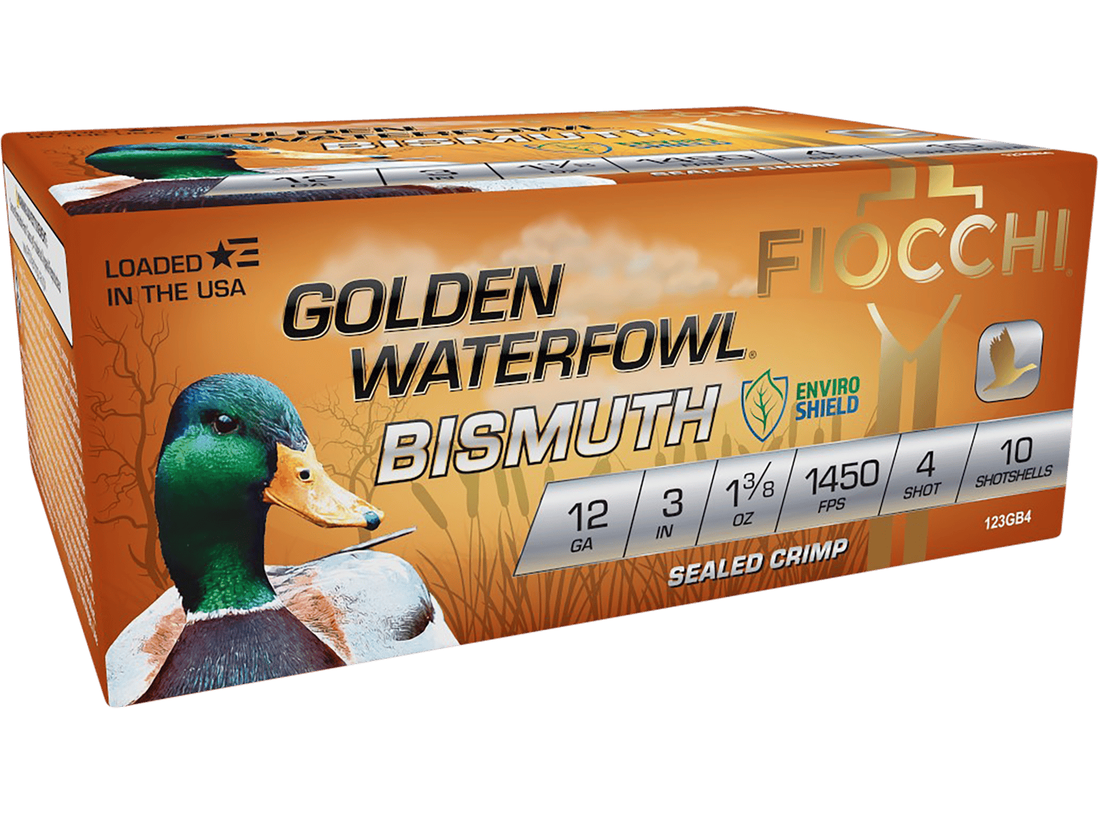 Fiocchi 123GB4 Golden Waterfowl Bismuth 12Gauge 3" 1 3/8oz 4Shot 10 Per Box/10 Case