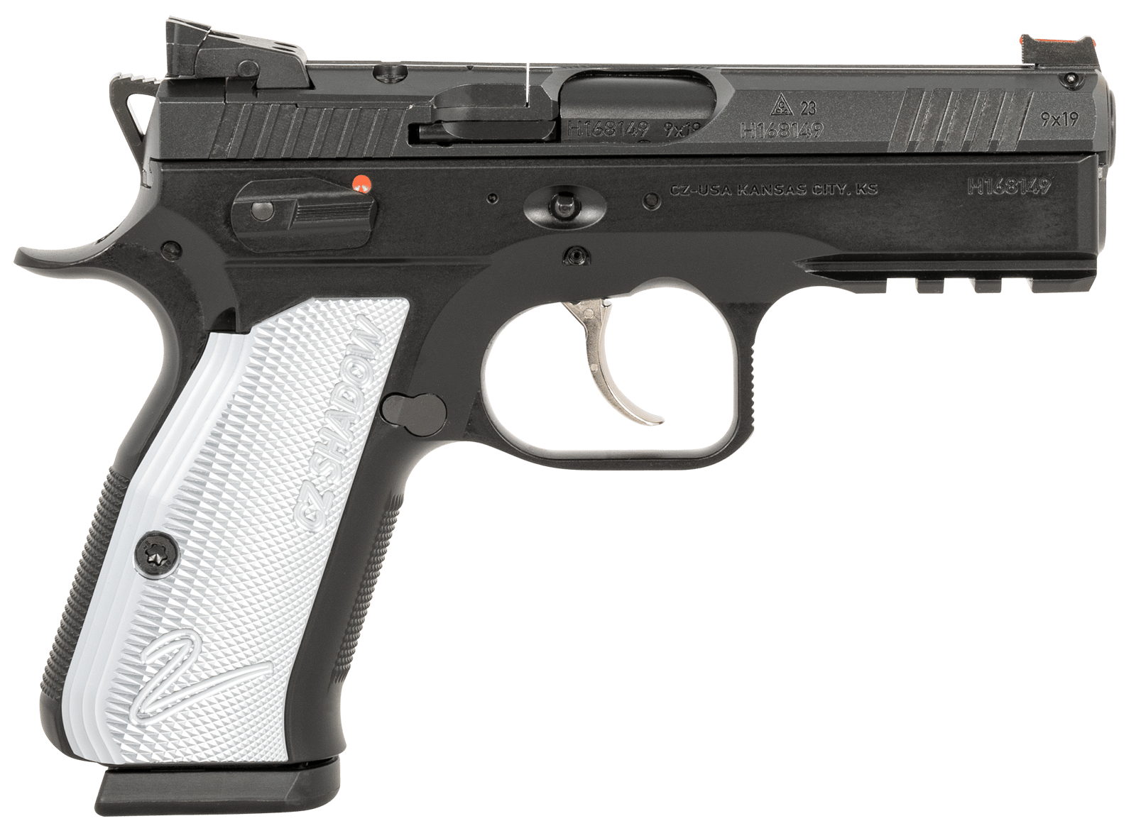 CZ-USA 91252 Shadow 2 Compact Frame 9mm Luger 15+1, 4" Black Steel Barrel, Black Nitride Serrated Steel Slide, Black Steel Frame w/Beavertail & Picatinny Rail, Ambidextrous
