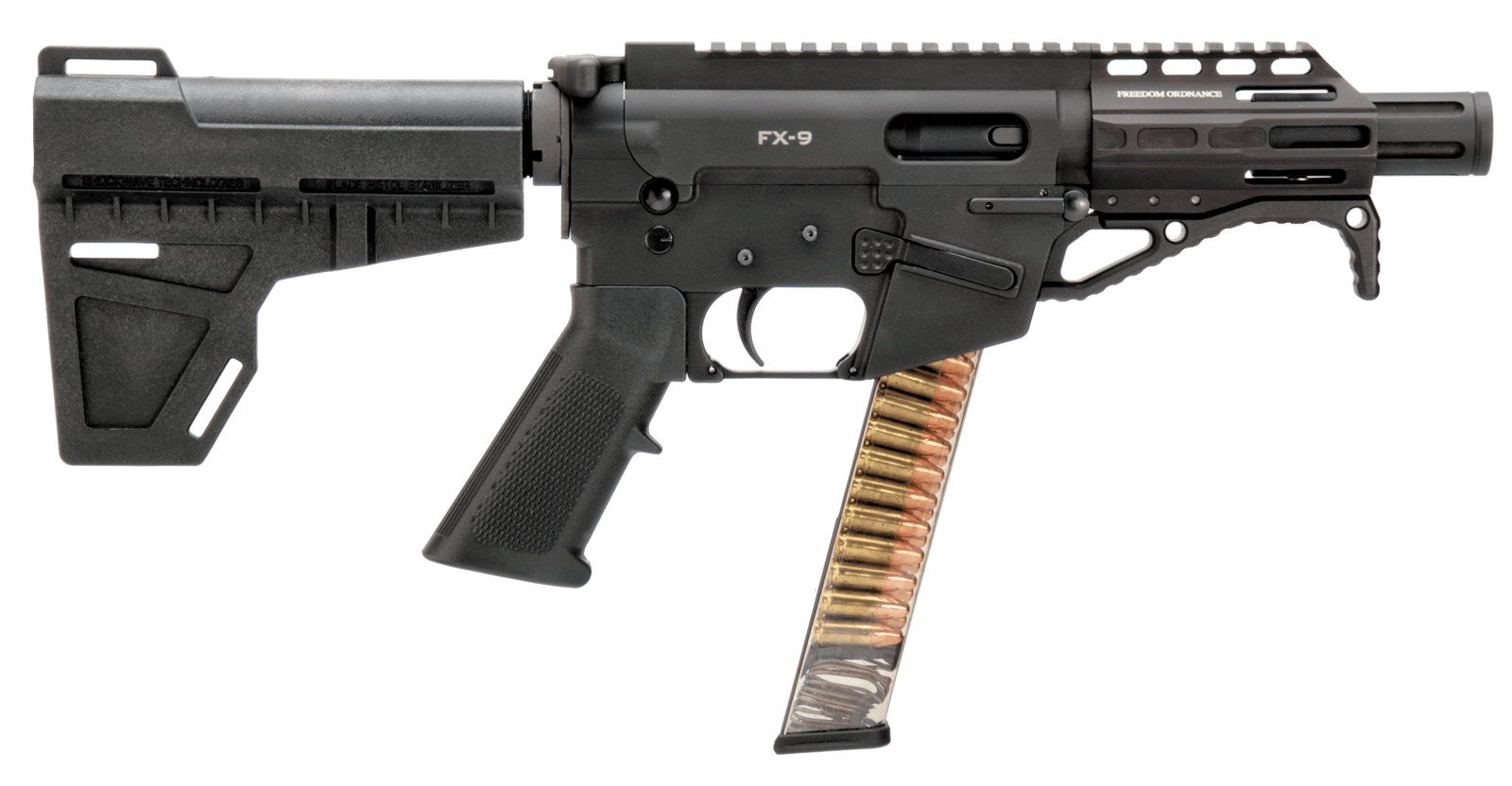 Freedom Ordnance FX9P4 FX-9 9mm Luger 31+1 4.50" Black Nitride Chromoly Steel Barrel Black Hard Coat Anodized Black KAK Shockwave Pistol Brace Black Polymer Grips Right Hand