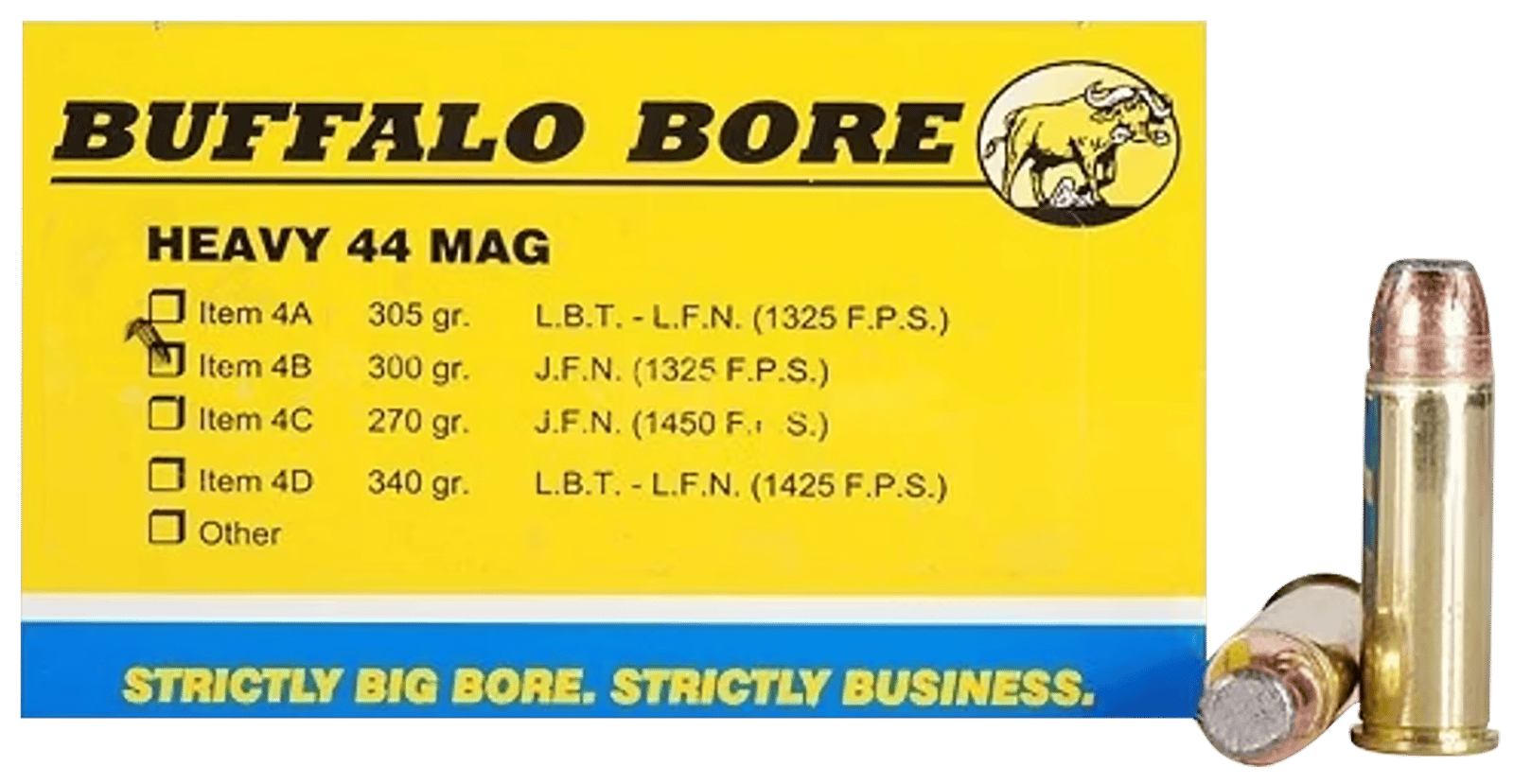 Buffalo Bore Ammunition 4B20 Heavy Strictly Business 44Rem Mag 300gr Semi Jacketed Flat Point 20 Per Box/12 Case