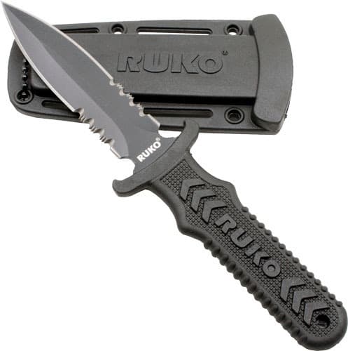 RUKO FIXED BLADE BOOT KNIFE 4" SPEAR SERRATED CLAMSHELL