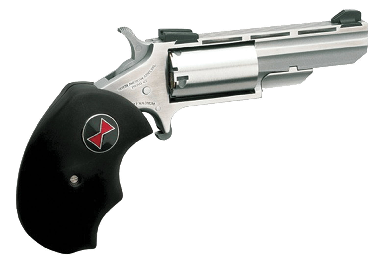 North American Arms BWM Black Widow 22 WMR 5 Shot 2" Stainless Steel Vent Rib Barrel, Stainless Steel Frame, Stainless Cylinder, Black Finger Grooved Rubber Grip, Exposed Hammer