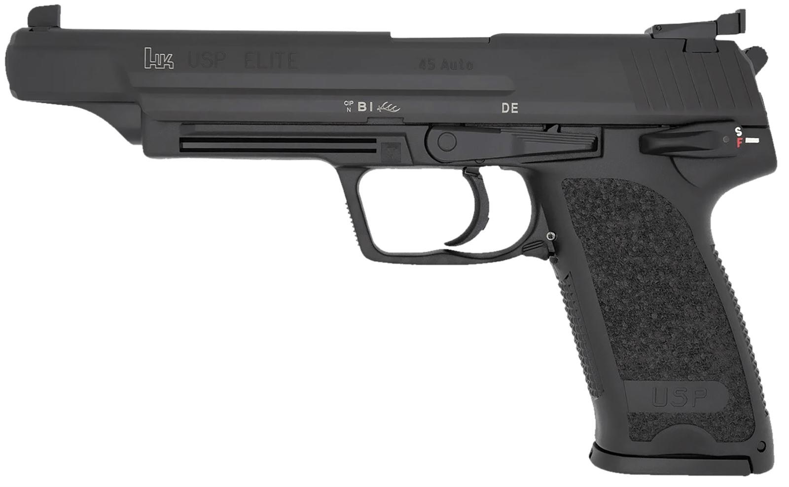 HK 81000368 USP V1 Elite 45 ACP 10+1 6.02" Stainless Stainless Steel Barrel, Black Long/Serrated Steel Slide, Black Polymer Frame, Black Polymer Grip