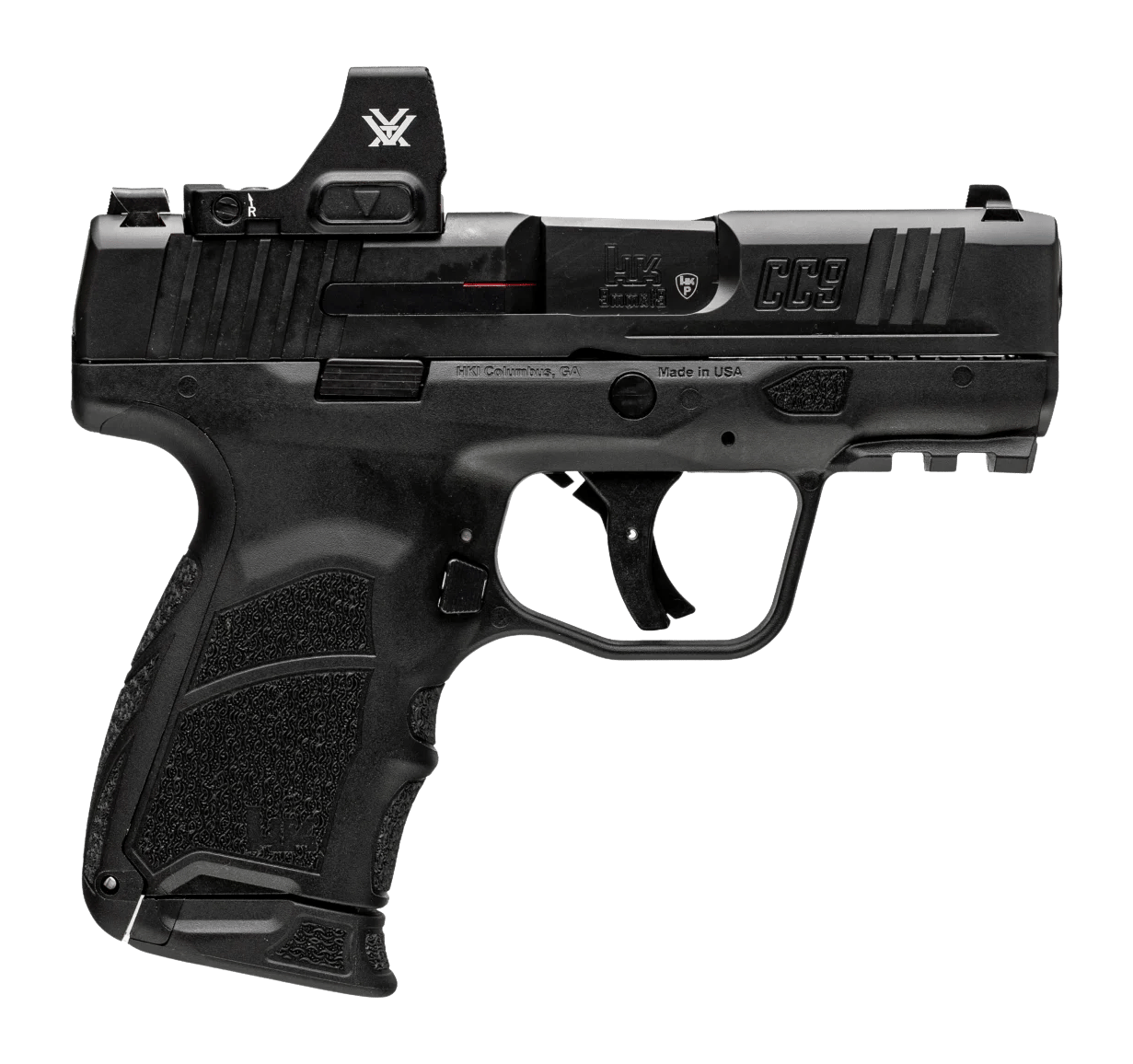 HK 81001353 CC9 w/Optic Micro Compact 9mm Luger 10+1 3.32" Black Barrel, Black Steel Serrated w/Optic Slide, Black Polymer Frame w/Picatinny Rail, Interchangeable Backstrap Grip, Vortex CCW