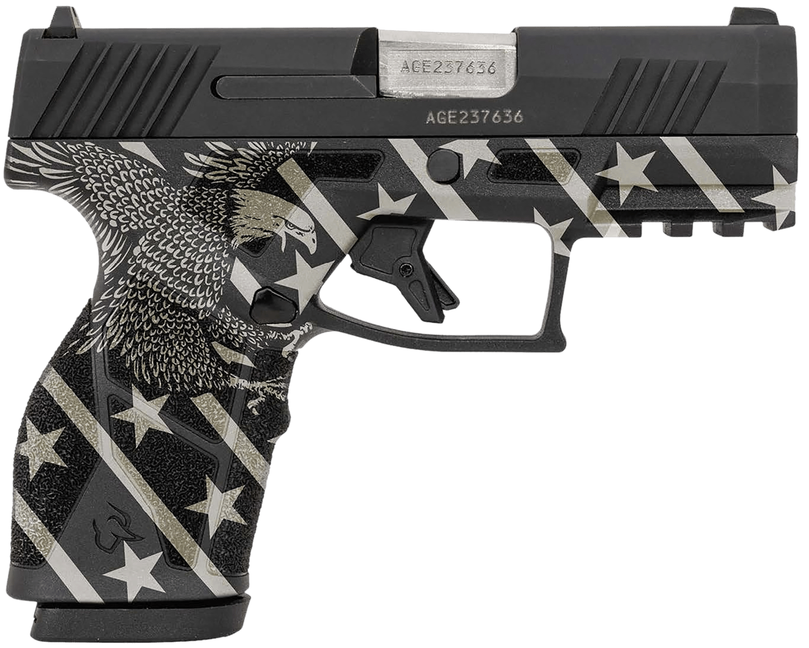 Taurus 1-GX2931-EN1 GX2 Compact Frame 9mm Luger 13+1 3.38" Stainless Steel Barrel, Matte Black Serrated Alloy Steel Slide, Black w/Eagle, Stars & Stripes Polymer Frame w/Accessory Rail